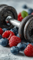 Close up dumbbell put on the lot of berrys on white table , healthy food image.