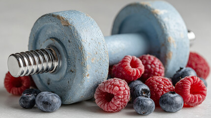 A blue dumbbell put on the strawberrys and blue berrys , isolate white background.