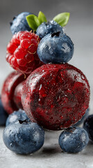 A red jelly dumbbell and strawberrys is on the table , white background.