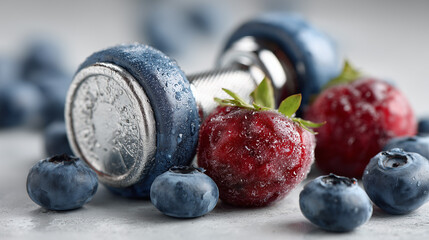 A small dumbbell blue color put on the white table close to the berrys.