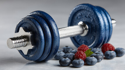 Close up a blue dumbbell put on the white table with blue berrys.