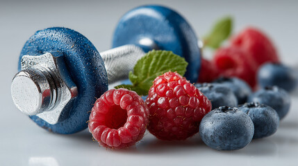 A blue dumbbell is on the table with berrys , healthy food image.