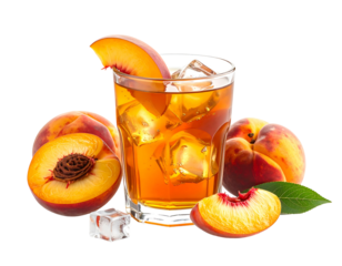 Refreshing iced beverage with peaches, ice, and fruit slices