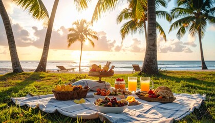 A picnic setup with food and drinks on a blanket on a grassy beach with palm trees