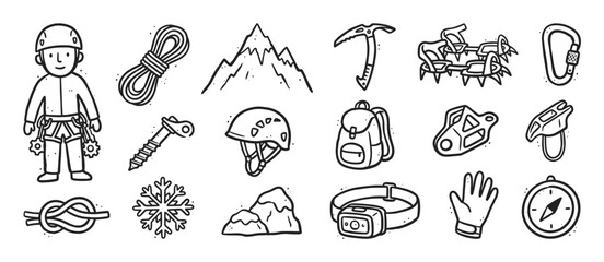 Set of hand-drawn mountain climbing icons featuring a climber, rope, ice axe, helmet, and other alpinism gear in a simple black and white doodle line art illustration style