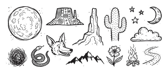 Hand drawn set of desert nature illustrations with a moon, cactus, coyote, and campfire in a rustic monochrome sketch style for adventure and travel themes