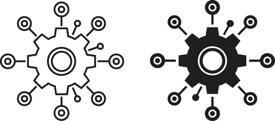 gear network icon set, system connection symbols, technology workflow diagram pack, black outline filled vector interface elements collection