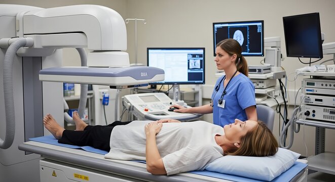 A female patient lies on a table while a nurse operates a bone density scanning machine in a medical setting.