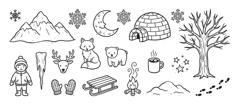 Collection of hand-drawn winter doodles featuring a cute fox, polar bear, igloo, mountains, and other seasonal elements in a charming black and white line art illustration style
