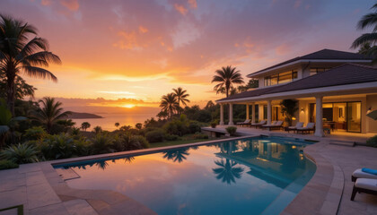 Fototapeta premium A luxurious house with a pool overlooking the ocean at sunset