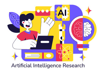 Artificial Intelligence Research Vector Illustration Featuring Data Analysis, Neural Network Technology, and Innovation in a Flat Style Background