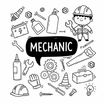 Cartoon Mechanic Illustration with Repair Tools and Icons