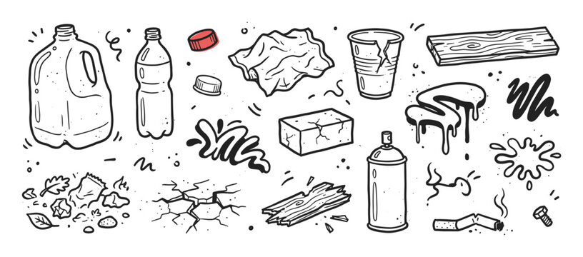 Hand-drawn set of urban grunge elements and trash icons, featuring a plastic bottle, spray can, cigarette butt, and graffiti drips in a sketchy line art style