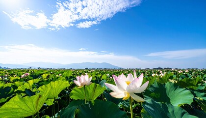 Expansive field of lotus flowers with open blooms under a bright blue sky
