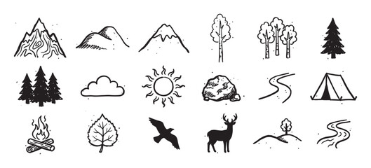 Fototapeta premium Set of hand-drawn black and white icons featuring nature, camping, and outdoor adventure elements like mountains, trees, a tent, and a campfire in a simple doodle style
