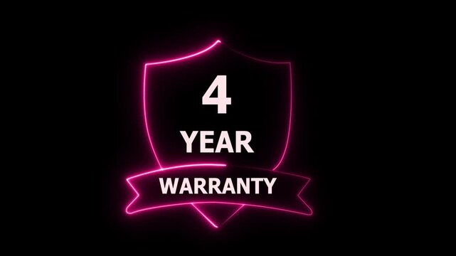 Four Year Warranty Shield Badge with Neon Pink Outline on Black Background, Guarantee Seal