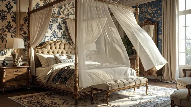 Luxurious bedroom interior featuring a four-poster bed with elegant drapery and ornate details.