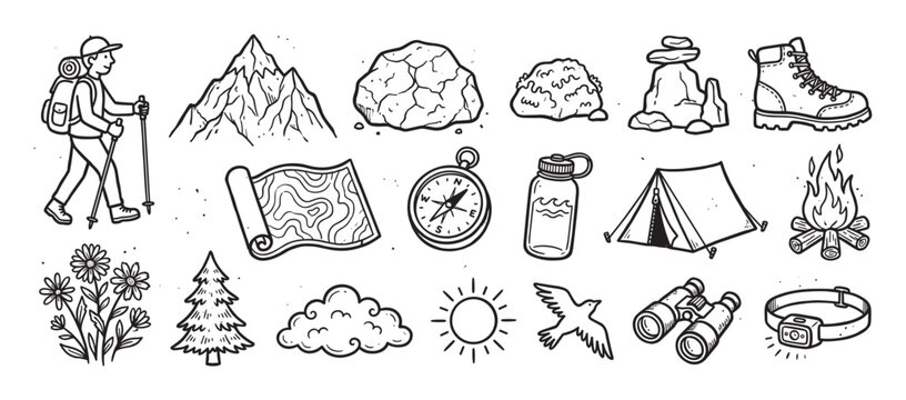 Set of hand-drawn hiking and camping icons featuring a backpacker, mountain, tent, compass, and other outdoor adventure elements in a black and white doodle illustration style