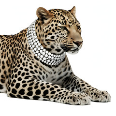 Obraz premium A glamorous leopard naps in royal calm, draped in a diamond necklace, blending wild beauty with luxe fashion vibes, soft light, and queen energy in a dreamy, elegant scene