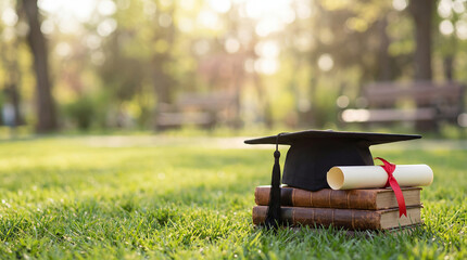 Graduation Cap and Diploma on Books on Green Grass in Spring Park