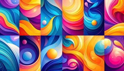 A vibrant collection of abstract, flowing designs with curved lines and bold color gradients
