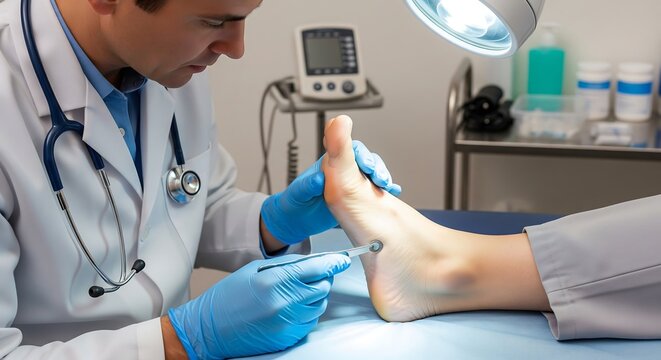 Podiatrist examining a patient's foot with a tool under a medical lamp, focusing on the ankle area.