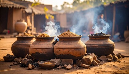 Four clay pots with steaming contents sit in an outdoor setting, smoke rising against blurred village huts