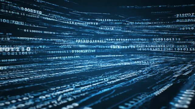 Futuristic digital data streams flowing rapidly through a dark technological environment from a dynamic viewpoint