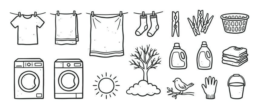 Set of hand-drawn laundry icons including a washing machine, clothesline, detergent, and basket in a simple black and white doodle style for household chore concepts