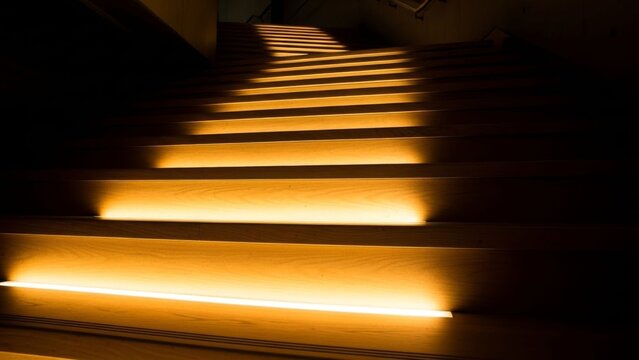 Illuminated Staircase with Warm LED Lights, Modern Interior Design, Abstract Light Pattern