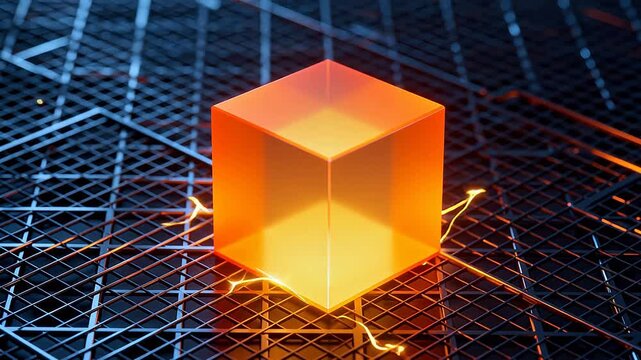 Orange cube on grid surface