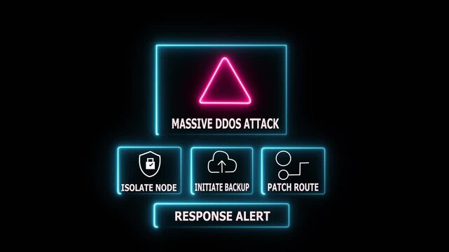 Massive DDoS Attack Alert System with Neon Icons for Cyber Security and Network Defense