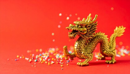 A golden, ornate dragon figurine on red background with scattered colorful sprinkles