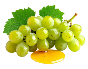 Juicy green grapes with fresh leaves drizzled with golden syrup on black