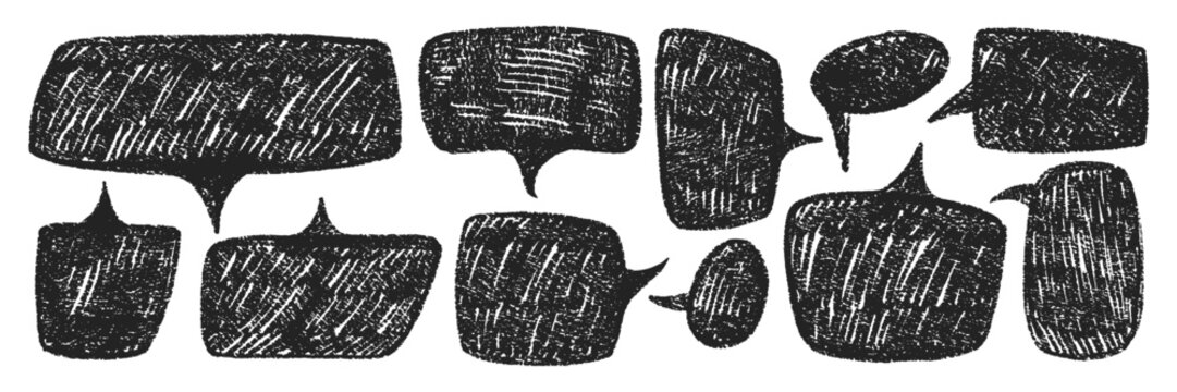 Set of speech bubbles with chalk, pencil and crayon texture in black color. Handwriting text boxes for a school dialog or chat. Vector illustration.