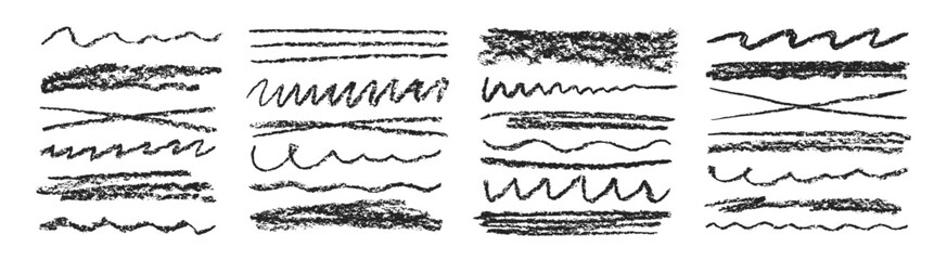 Obraz premium Chalk lines, charcoal highlight strokes doodle set. Kids hand drawing doodle charcoal squiggles, chalk curly lines. Grunge vector illustration isolated on a white background.