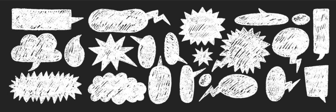 Funky text boxes, cloud, star and heart with grungy organic textures. Rough speech bubbles painted by crayon. White vector illustration on a blackboard.