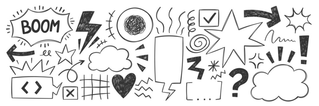 Set of y2k doodle speech bubbles with crayon, chalk or pencil texture. Bolt, star, heart and grid in sketch style. Black vector illustration on a white background.