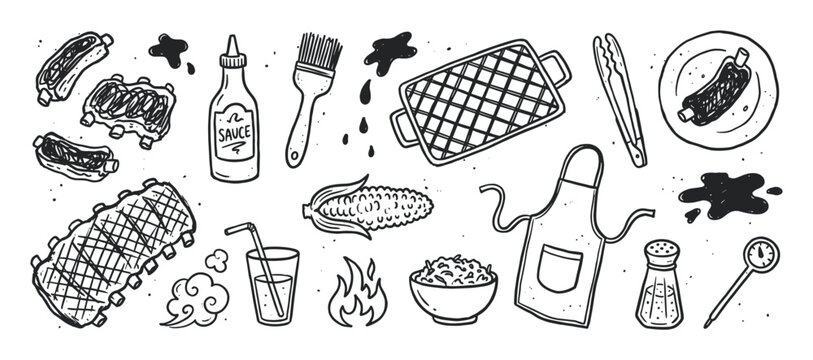 Hand-drawn barbecue and grilling doodle illustrations set with pork ribs, sauce, grill grate, apron, and cooking utensils in a black and white sketch style collection for a picnic