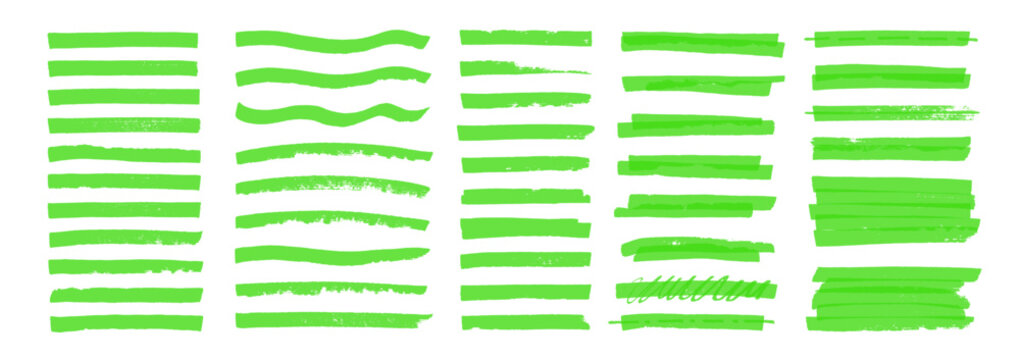 Set of marker lines with organic texture. Straight lines of a marker or brush for highlighting and underlining. Green illustration on a white background.