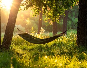 A sun-drenched scene with a hammock suspended between trees