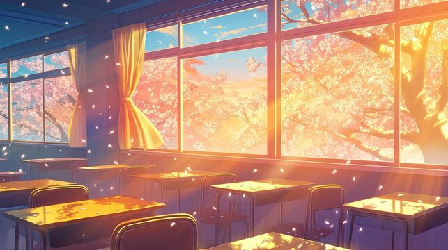 Anime Classroom Window Scenery with Falling Cherry Blossoms, Soft Pastel Sunlight, Aesthetic Vibes