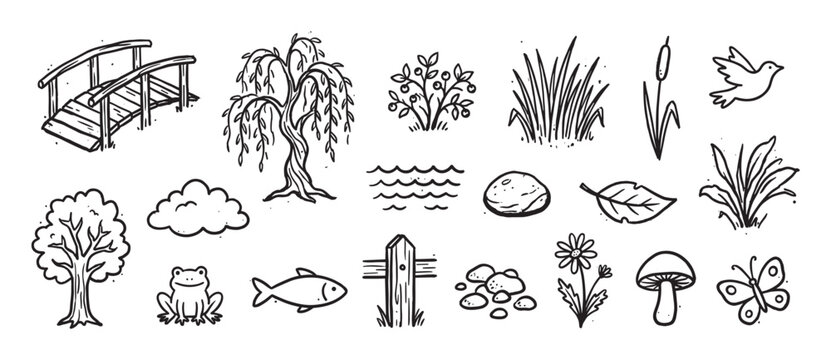 Set of black line art nature doodles featuring a wooden bridge, willow tree, frog, fish, butterfly, and other pond life elements in a cute, hand-drawn sketch style
