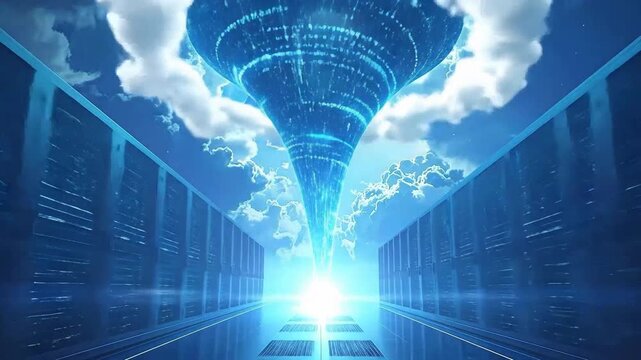 Futuristic data center with a glowing funnel, symbolizing data processing and cloud comg.