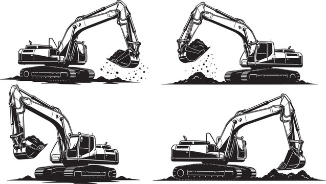Heavy excavator machinery set working at construction site artwork