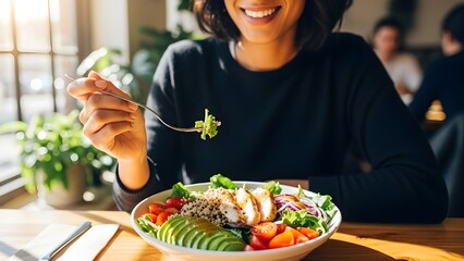erson enjoying a healthy salad meal in a cozy restaurant, promoting a balanced lifestyle.