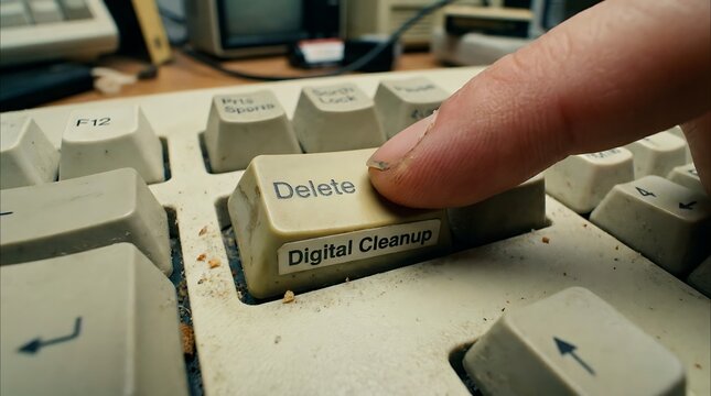 Finger pressing the delete key on a dusty computer keyboard.