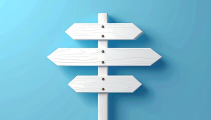 A white wooden signpost with three directional signs against a blue wall