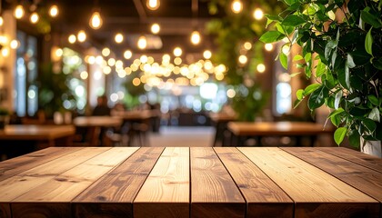 Wooden table foregrounds a blurred restaurant interior with hanging lights and greenery, suggesting a warm and inviting atmosphere