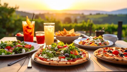 Dining scene Pizza, salad, drinks, and fries on a table with a vineyard view at sunset